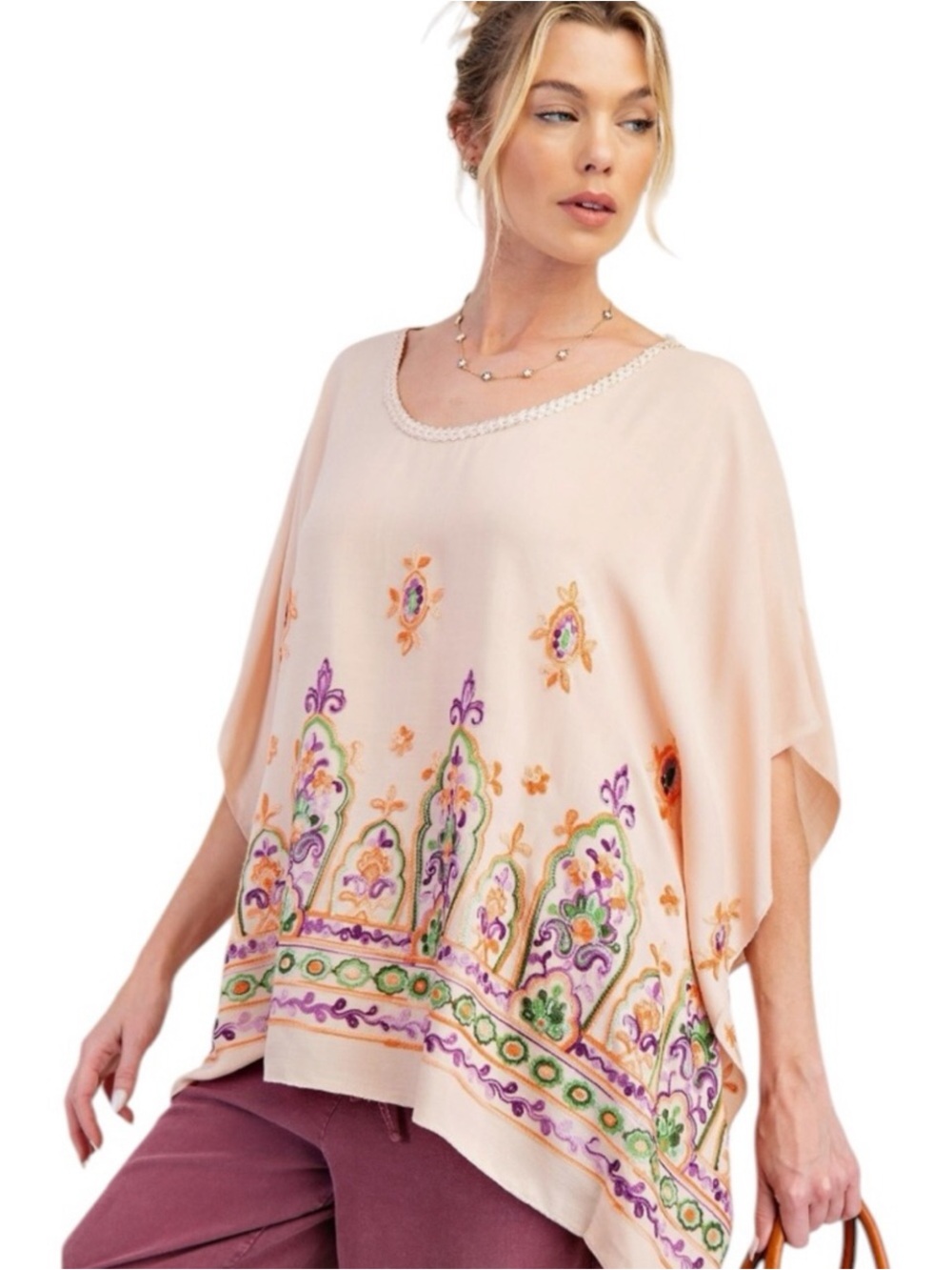easel tunic blouse poncho embroidered peach embellished ribbon trim Boho vibe